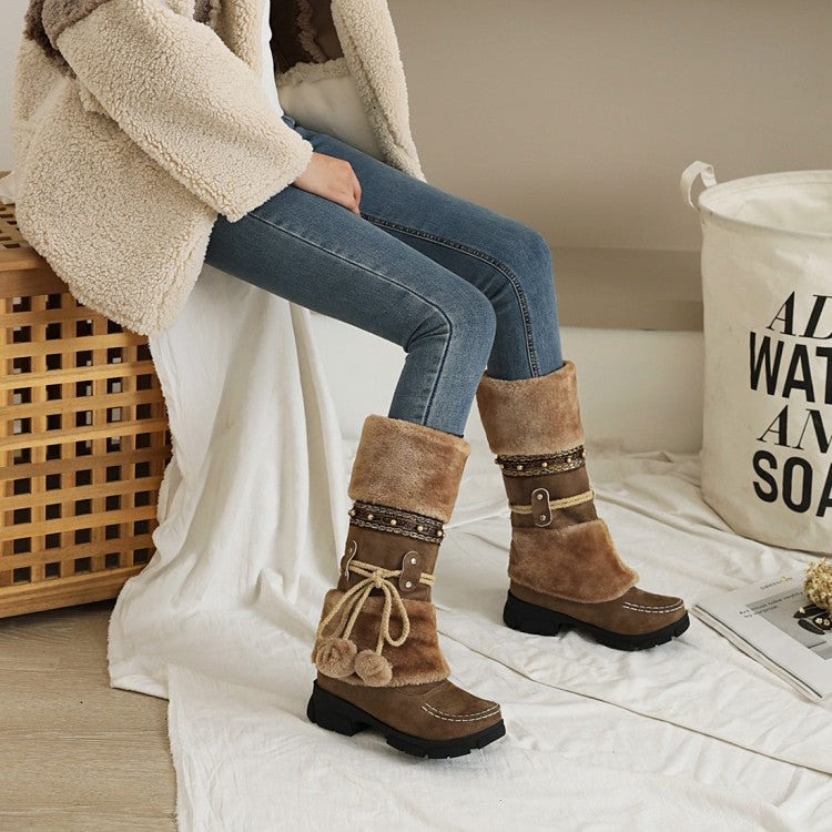 Flock Round Toe Stitch Fur Ball Fold Rivets Block Chunky Heel Platform Mid-Calf Boots for Women