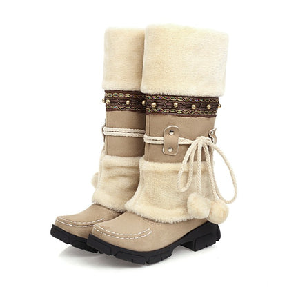 Flock Round Toe Stitch Fur Ball Fold Rivets Block Chunky Heel Platform Mid-Calf Boots for Women