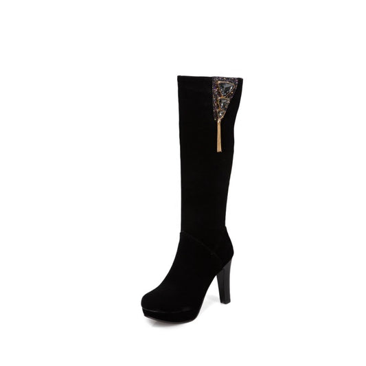 Flock Side Zippers Rhinestone Block Chunky Heel Platform Knee High Boots for Women