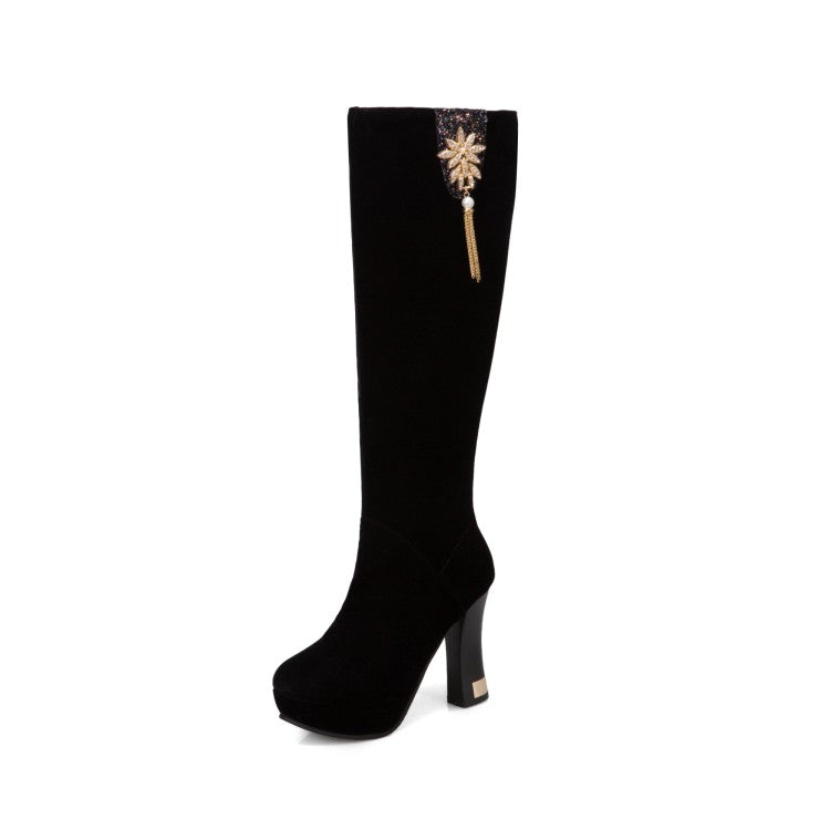 Flock Rhinestone Tassel Side Zippers Spool Heel Platform Knee High Boots for Women