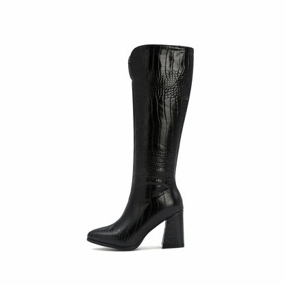 Crocodile Pattern Pointed Toe Side Zippers Block Chunky Heel Knee High Boots for Women