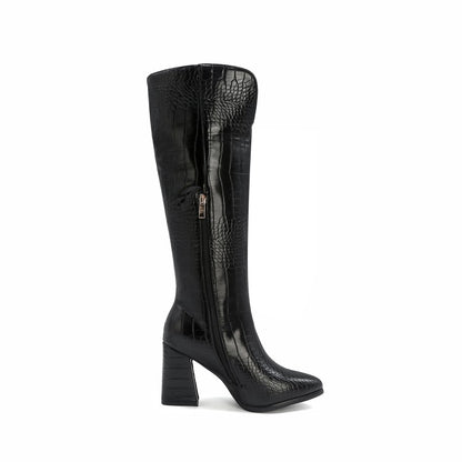 Crocodile Pattern Pointed Toe Side Zippers Block Chunky Heel Knee High Boots for Women