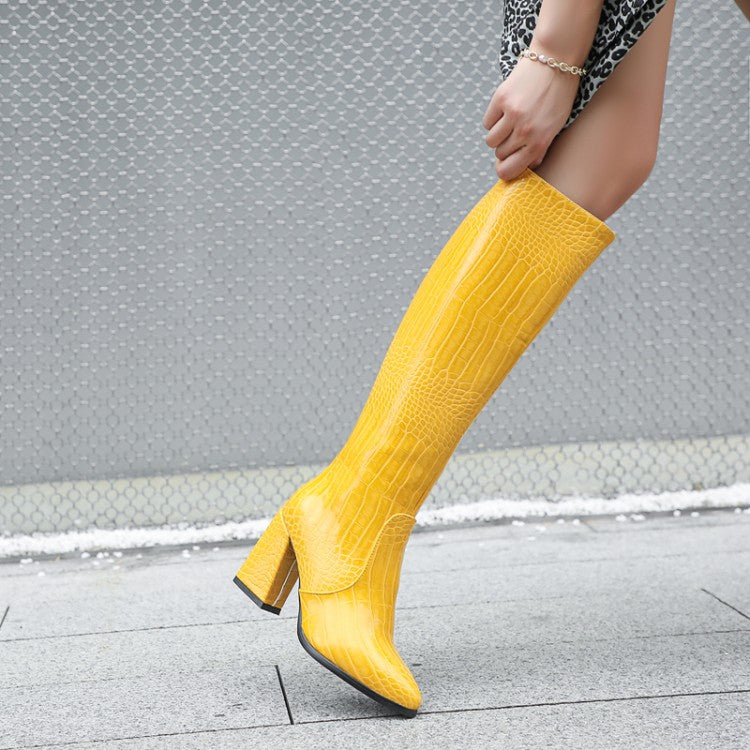 Crocodile Pattern Pu Leather Pointed Toe Side Zippers Block Chunky Heel Knee High Boots for Women