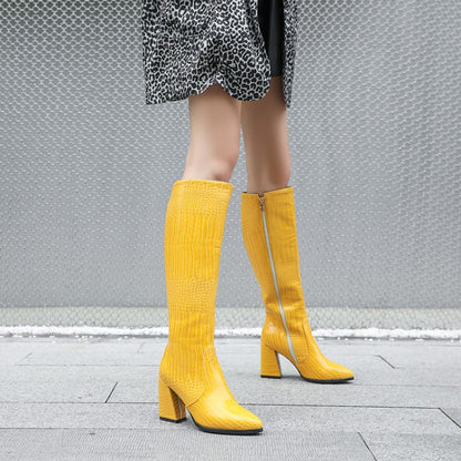 Crocodile Pattern Pu Leather Pointed Toe Side Zippers Block Chunky Heel Knee High Boots for Women