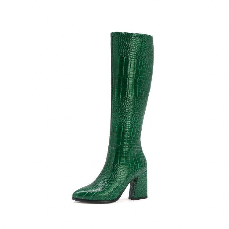 Crocodile Pattern Pu Leather Pointed Toe Side Zippers Block Chunky Heel Knee High Boots for Women