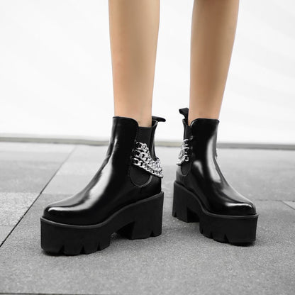 Glossy Round Toe Stretch Metal Chains Block Chunky Heel Platform Short Boots for Women