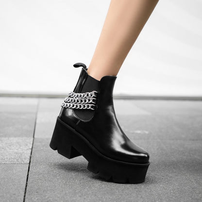 Glossy Round Toe Stretch Metal Chains Block Chunky Heel Platform Short Boots for Women