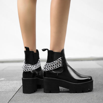 Glossy Round Toe Stretch Metal Chains Block Chunky Heel Platform Short Boots for Women