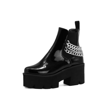 Glossy Round Toe Stretch Metal Chains Block Chunky Heel Platform Short Boots for Women