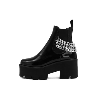 Glossy Round Toe Stretch Metal Chains Block Chunky Heel Platform Short Boots for Women