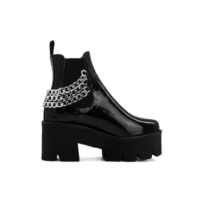 Glossy Round Toe Stretch Metal Chains Block Chunky Heel Platform Short Boots for Women