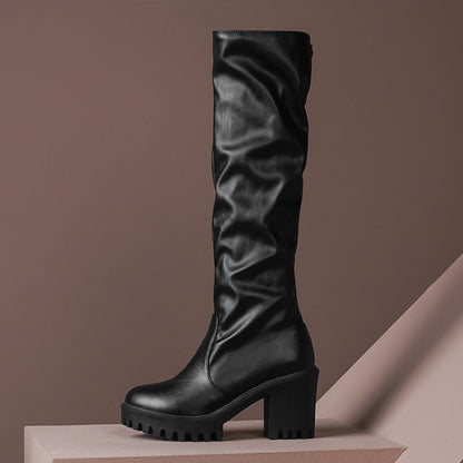 Round Toe Block Chunky Heel Platform Tall Boots for Women