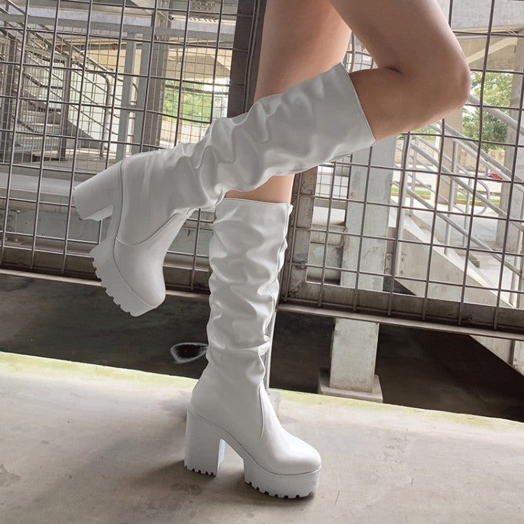 Round Toe Block Chunky Heel Platform Tall Boots for Women