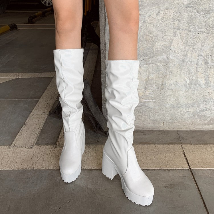 Round Toe Block Chunky Heel Platform Tall Boots for Women