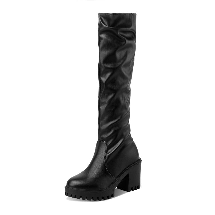 Round Toe Block Chunky Heel Platform Tall Boots for Women