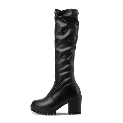 Round Toe Block Chunky Heel Platform Tall Boots for Women