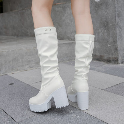 Block Chunky Heel Platform Mid Calf Boots for Women