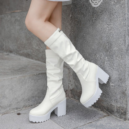 Block Chunky Heel Platform Mid Calf Boots for Women