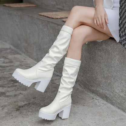 Block Chunky Heel Platform Mid Calf Boots for Women