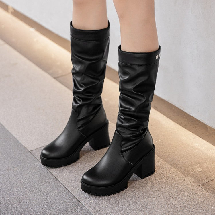 Block Chunky Heel Platform Mid Calf Boots for Women