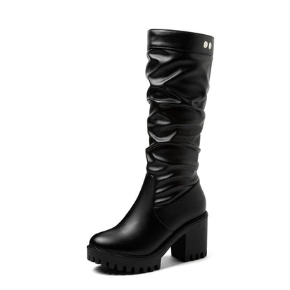 Block Chunky Heel Platform Mid Calf Boots for Women