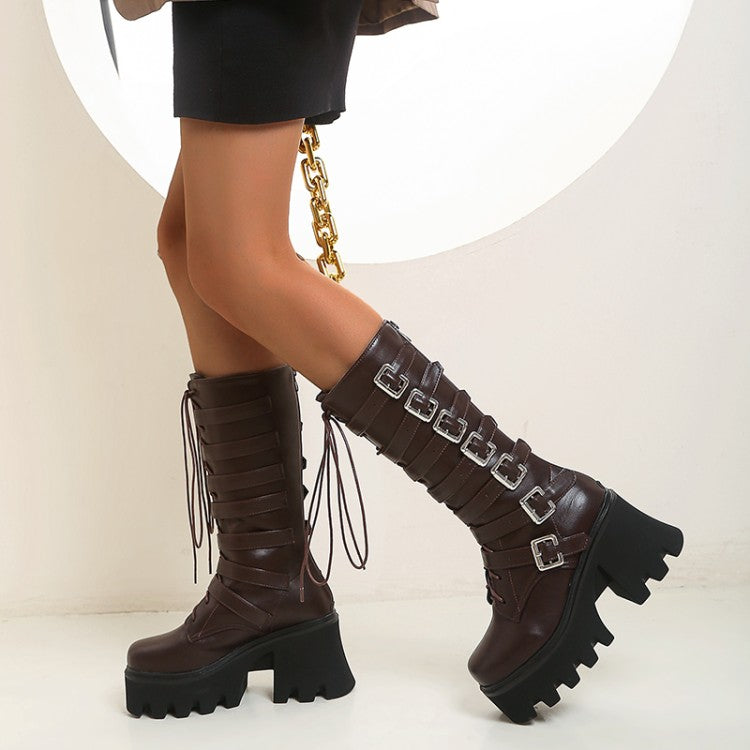 Pu Leather Lace Up Buckle Straps Block Chunky Heel Platform Mid-calf Boots for Women