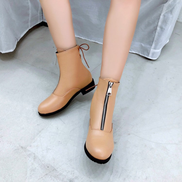 Pu Leather Back Tied Straps Zippers Block Chunky Heel Platform Ankle Boots for Women