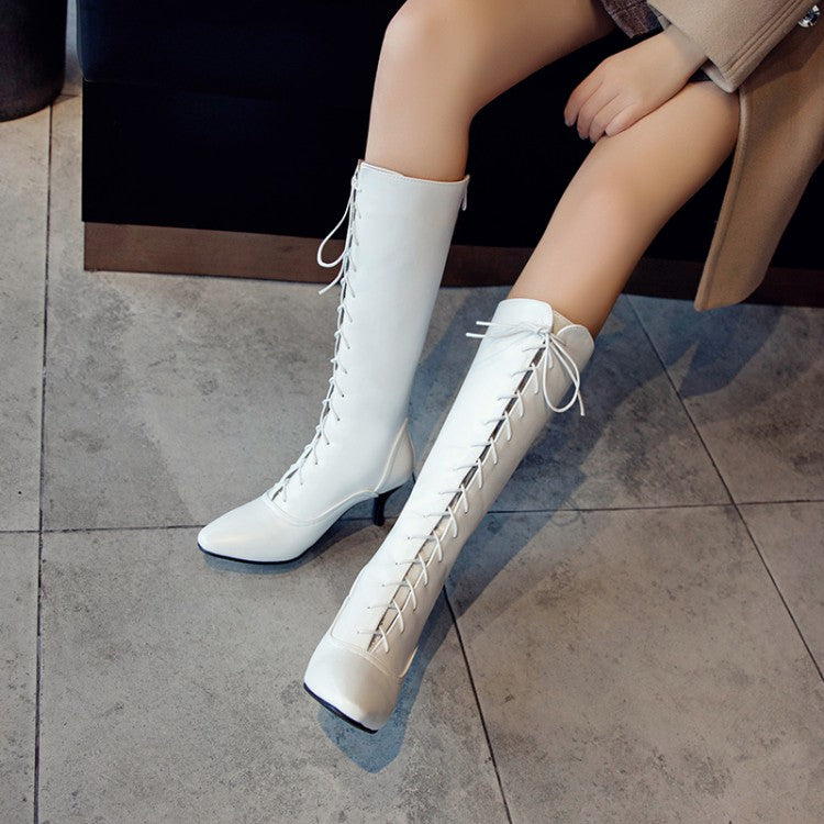 Pointed Toe Lace Up Stiletto Heel Knee High Boots for Women