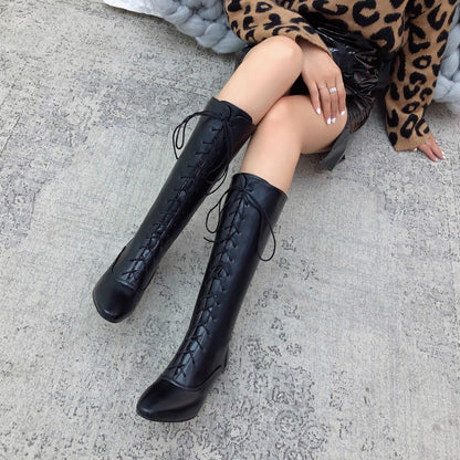 Pointed Toe Lace Up Stiletto Heel Knee High Boots for Women