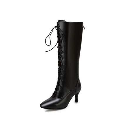 Pointed Toe Lace Up Stiletto Heel Knee High Boots for Women