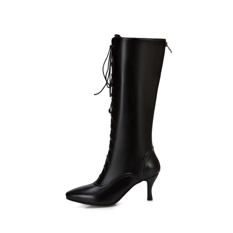 Pointed Toe Lace Up Stiletto Heel Knee High Boots for Women