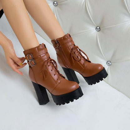 Pu Leather Almond Toe Lace Up Buckle Straps Block Chunky Heel Platform Ankle Boots for Women