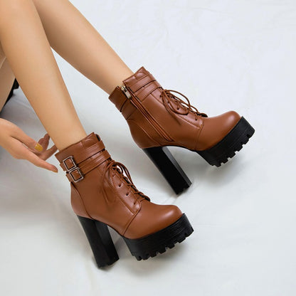 Pu Leather Almond Toe Lace Up Buckle Straps Block Chunky Heel Platform Ankle Boots for Women