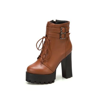 Pu Leather Almond Toe Lace Up Buckle Straps Block Chunky Heel Platform Ankle Boots for Women