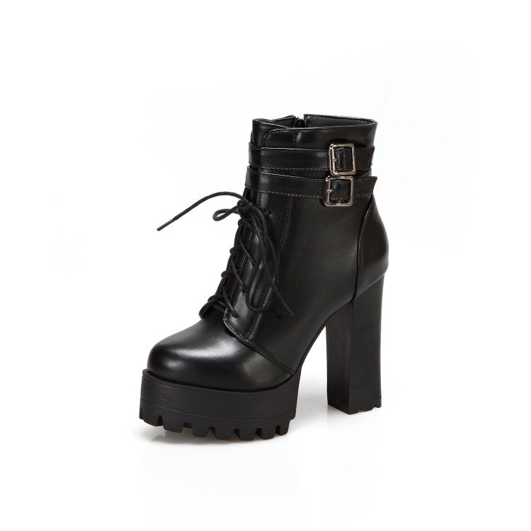 Pu Leather Almond Toe Lace Up Buckle Straps Block Chunky Heel Platform Ankle Boots for Women