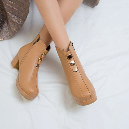 Pu Leather Round Toe Stitch Buttons Side Zippers Block Chunky Heel Platform Ankle Boots for Women