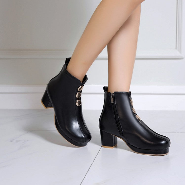 Pu Leather Round Toe Stitch Buttons Side Zippers Block Chunky Heel Platform Ankle Boots for Women