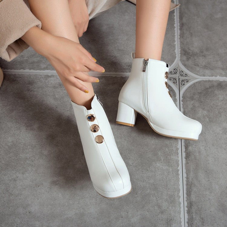 Pu Leather Round Toe Stitch Buttons Side Zippers Block Chunky Heel Platform Ankle Boots for Women