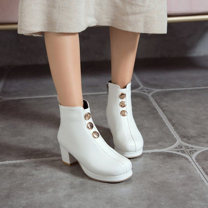 Pu Leather Round Toe Stitch Buttons Side Zippers Block Chunky Heel Platform Ankle Boots for Women