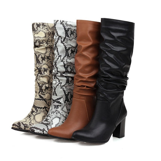 Ladies Pu Leather Pointed Toe Stitching Block Heel Knee High Boots