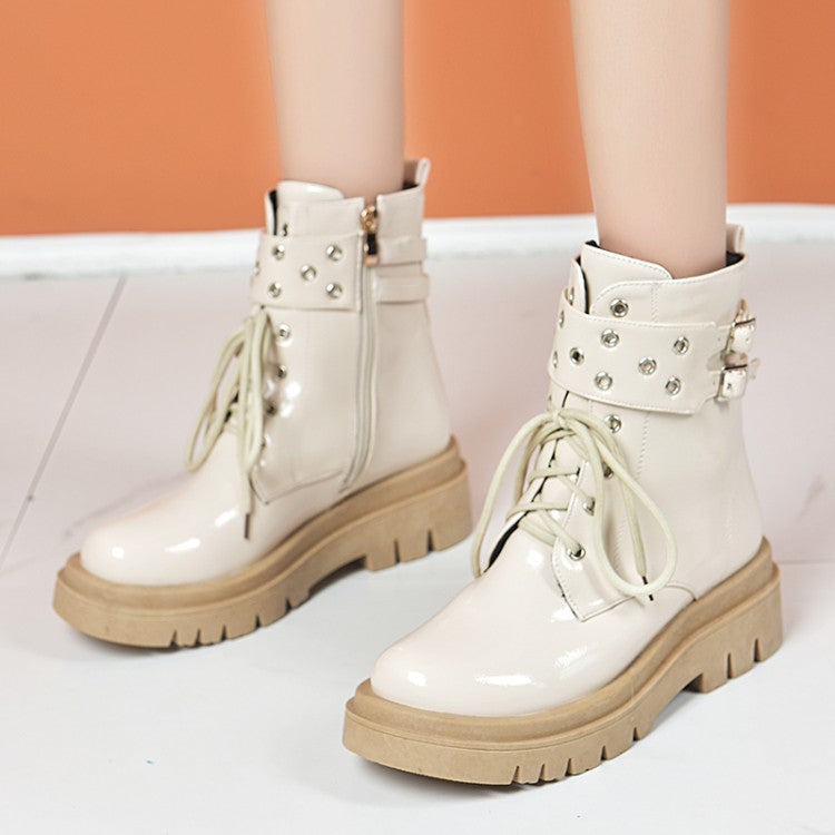 Glossy Lace Up Buckles Belts Flat Platform Short Boots for Women