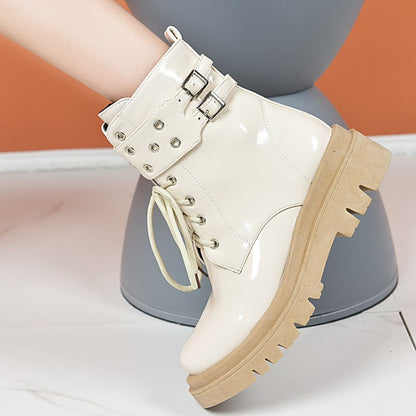 Glossy Lace Up Buckles Belts Flat Platform Short Boots for Women