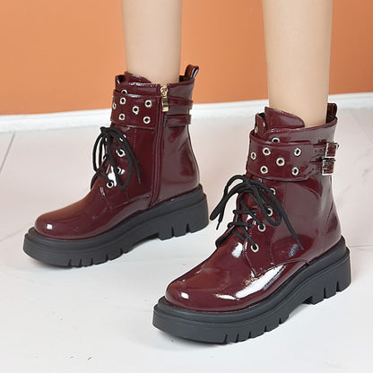 Glossy Lace Up Buckles Belts Flat Platform Short Boots for Women