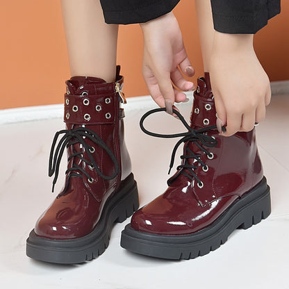 Glossy Lace Up Buckles Belts Flat Platform Short Boots for Women