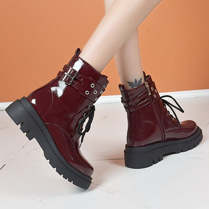 Glossy Lace Up Buckles Belts Flat Platform Short Boots for Women