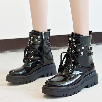 Glossy Lace Up Buckles Belts Flat Platform Short Boots for Women