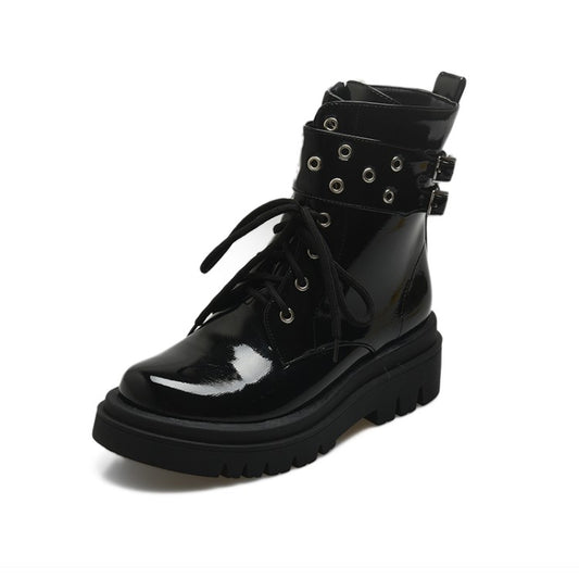 Glossy Lace Up Buckles Belts Flat Platform Short Boots for Women