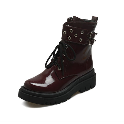 Glossy Lace Up Buckles Belts Flat Platform Short Boots for Women