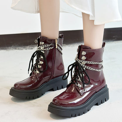 Glossy Lace Up Metal Chains Flat Platform Short Boots for Women