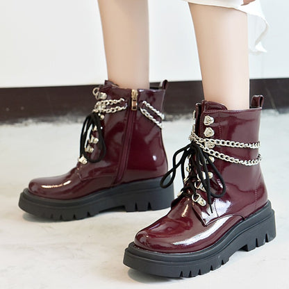 Glossy Lace Up Metal Chains Flat Platform Short Boots for Women